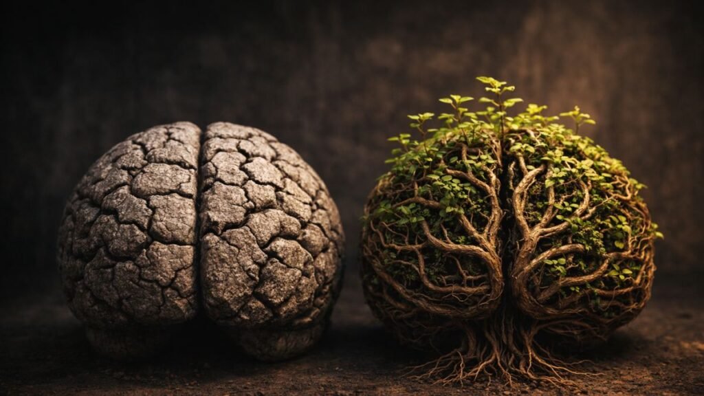 Duas esculturas de cérebro lado a lado, uma feita de pedra rachada e outra formada por raízes vivas e folhas verdes em iluminação cinematográfica.
