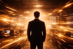 Executivo visto de costas em ambiente corporativo escuro enquanto rastros de luz dourada atravessam o espaço ao redor, simbolizando ruído e estímulos constantes contrastando com a estabilidade interior do líder.