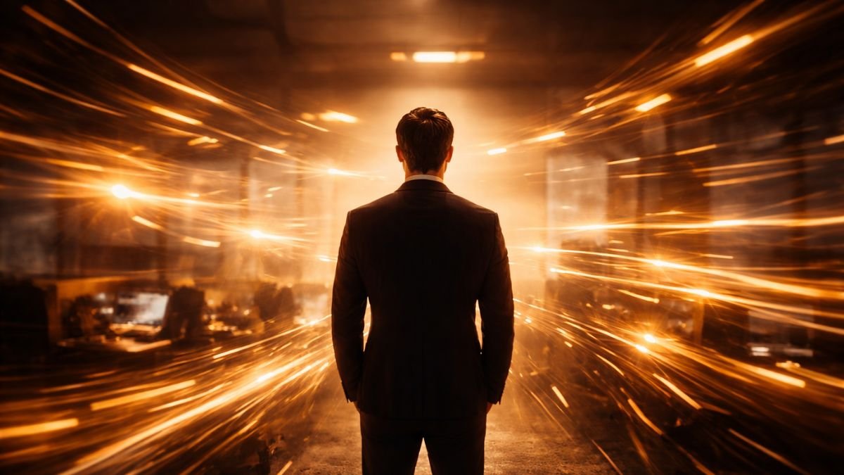 Executivo visto de costas em ambiente corporativo escuro enquanto rastros de luz dourada atravessam o espaço ao redor, simbolizando ruído e estímulos constantes contrastando com a estabilidade interior do líder.