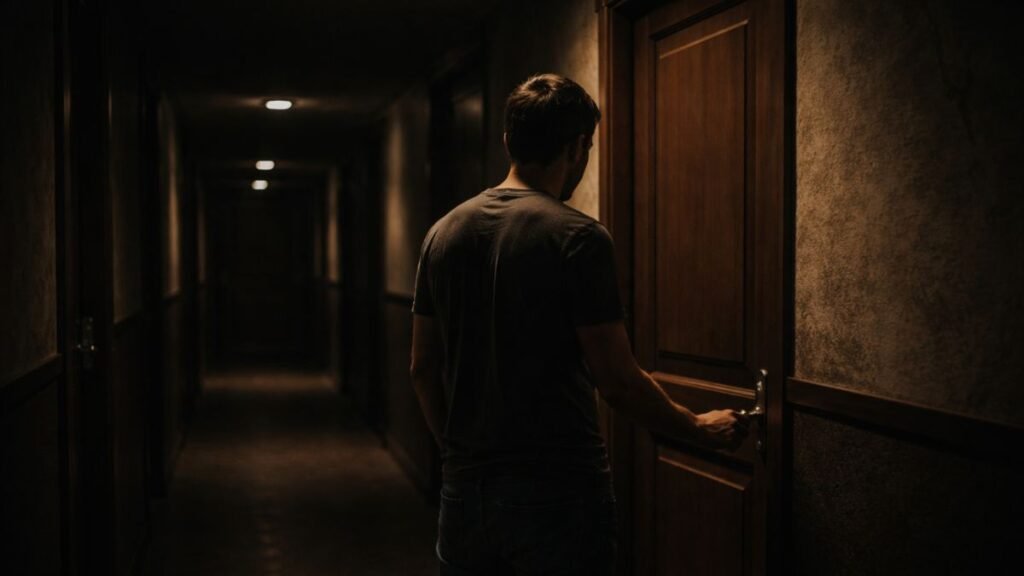 Homem parado em corredor escuro com a mão na maçaneta de uma porta fechada em iluminação cinematográfica dramática.