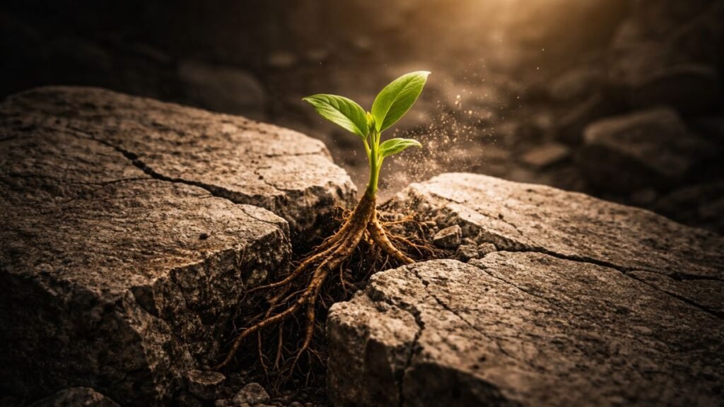 Pequeno broto verde crescendo através de uma rocha maciça rachada com raízes visíveis e iluminação cinematográfica dramática.