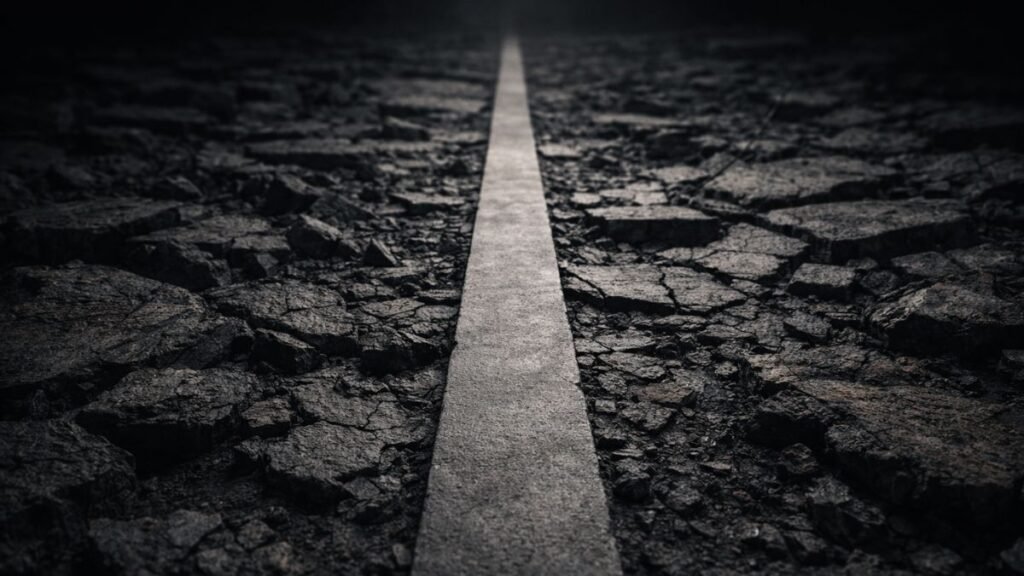 Caminho sólido e contínuo atravessando terreno quebrado e irregular, simbolizando clareza decisória e ausência de conflito interno.