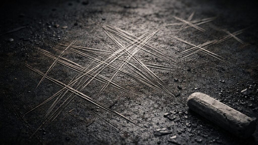 Superfície metálica marcada por múltiplas tentativas desalinhadas e imperfeitas, representando esforço repetido sem consistência.