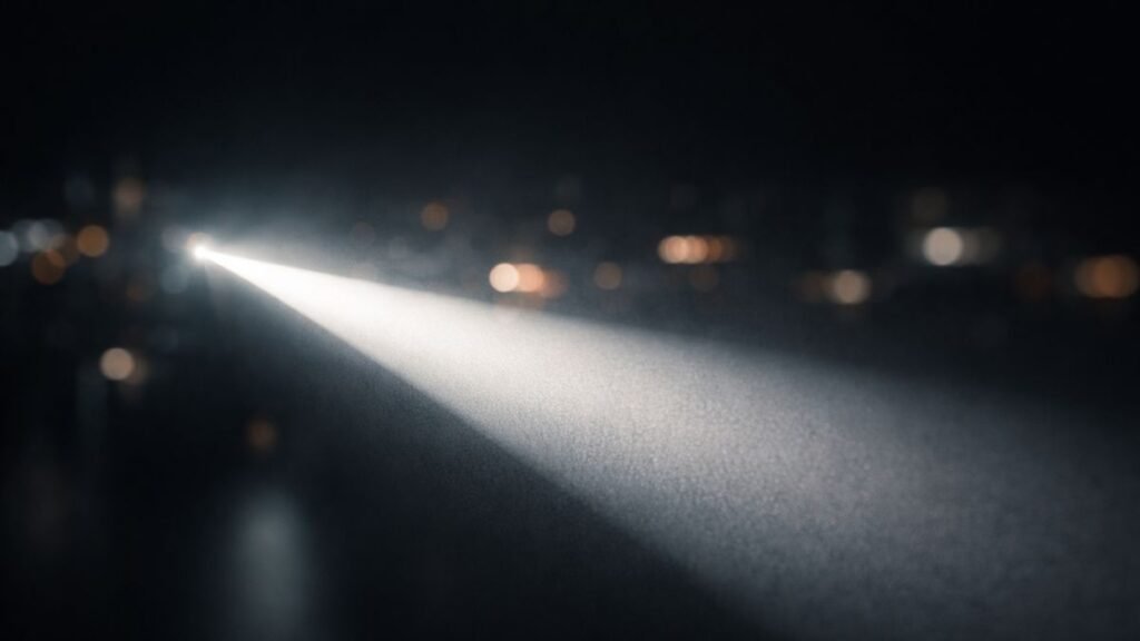 Feixe de luz concentrado atravessando ambiente escuro com múltiplas fontes difusas ao redor, representando foco como exclusão.