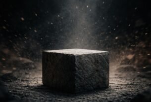 Bloco de pedra sólido e central em ambiente escuro com partículas desfocadas ao redor, simbolizando estabilidade e identidade sob distração.