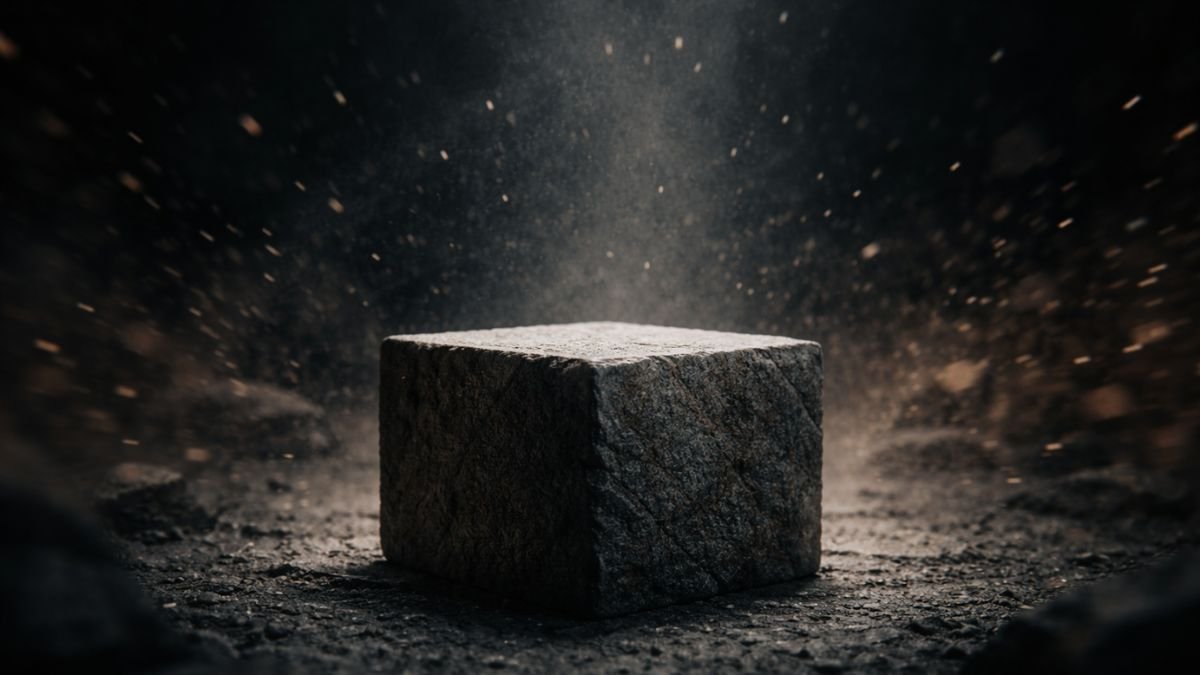 Bloco de pedra sólido e central em ambiente escuro com partículas desfocadas ao redor, simbolizando estabilidade e identidade sob distração.