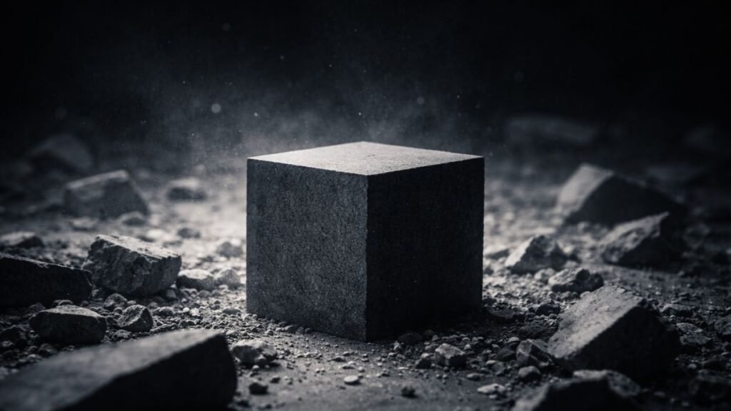 Estrutura sólida intacta cercada por fragmentos quebrados ao redor, simbolizando resistência estrutural sob pressão.