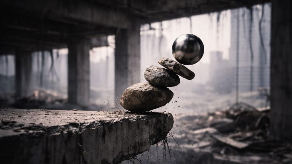 Decisão Estratégica Sob Incerteza É O Que Separa Quem Constrói De Quem Reage 4 Objeto suspenso em equilíbrio instável prestes a cair, sem suporte visível