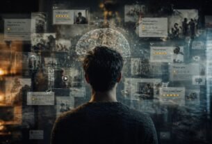 Cliente observando múltiplas influências digitais e sociais simbolizando início invisível da jornada de compra
