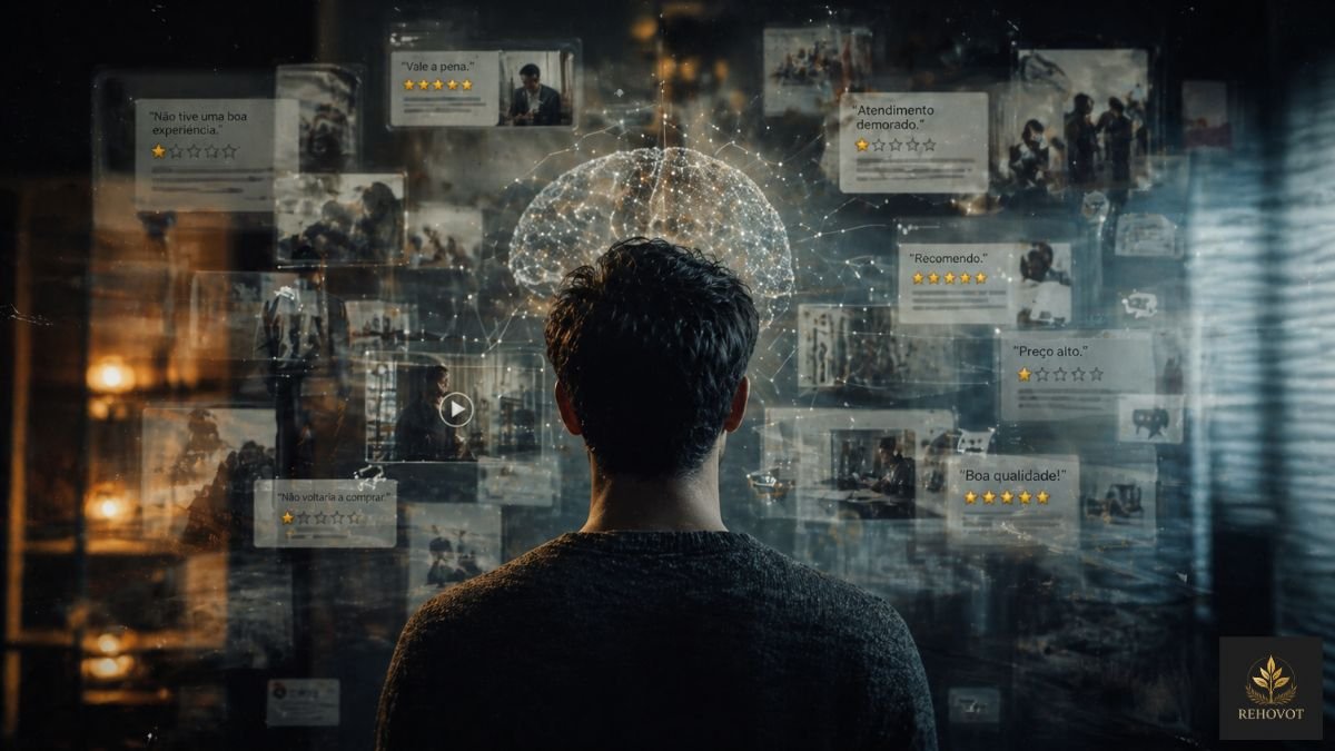 Cliente observando múltiplas influências digitais e sociais simbolizando início invisível da jornada de compra