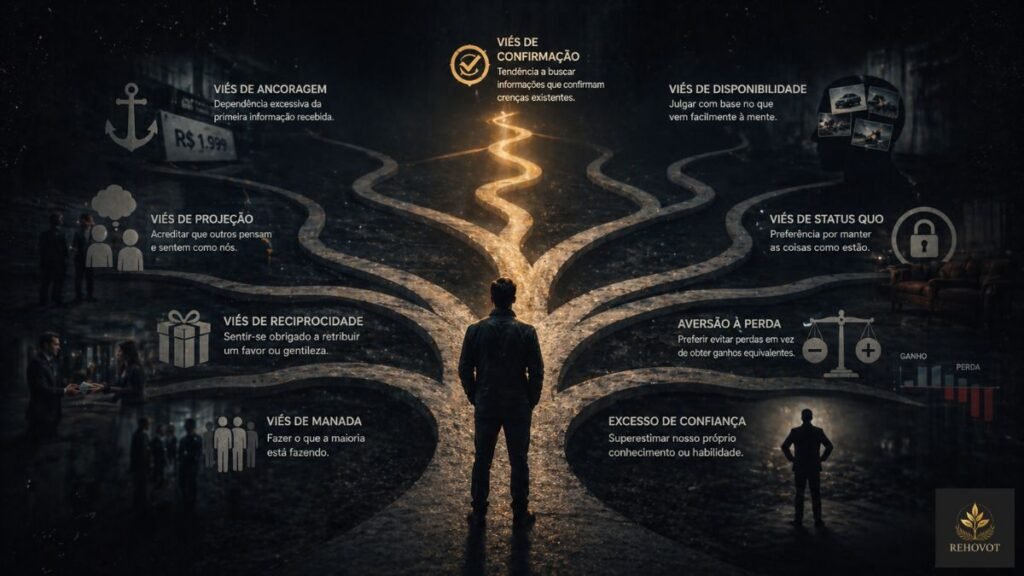Representação de decisão influenciada por múltiplos fatores cognitivos simbolizando viés na escolha do cliente