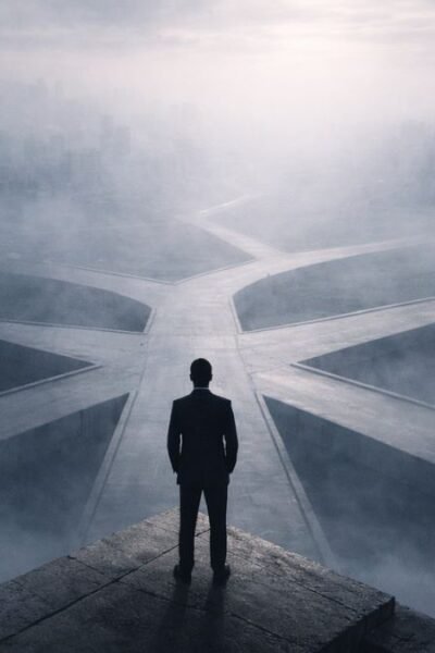 Figura solitária diante de múltiplos caminhos parcialmente ocultos por neblina, simbolizando decisão sob incerteza