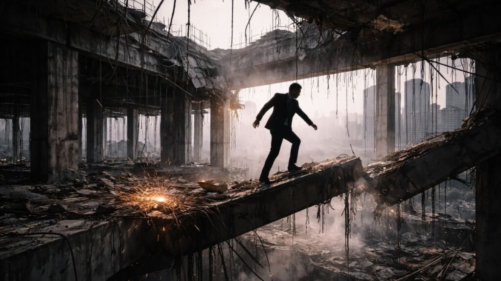 Decisão Estratégica Sob Incerteza É O Que Separa Quem Constrói De Quem Reage 5 Homem avançando sobre estrutura incompleta em ambiente urbano parcialmente destruído, simbolizando movimento estratégico antes da clareza total