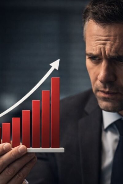 Executivo segurando gráfico ascendente com expressão de tensão em ambiente corporativo