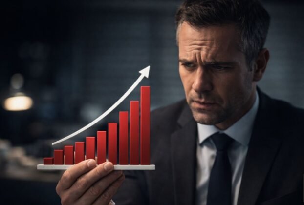 Executivo segurando gráfico ascendente com expressão de tensão em ambiente corporativo