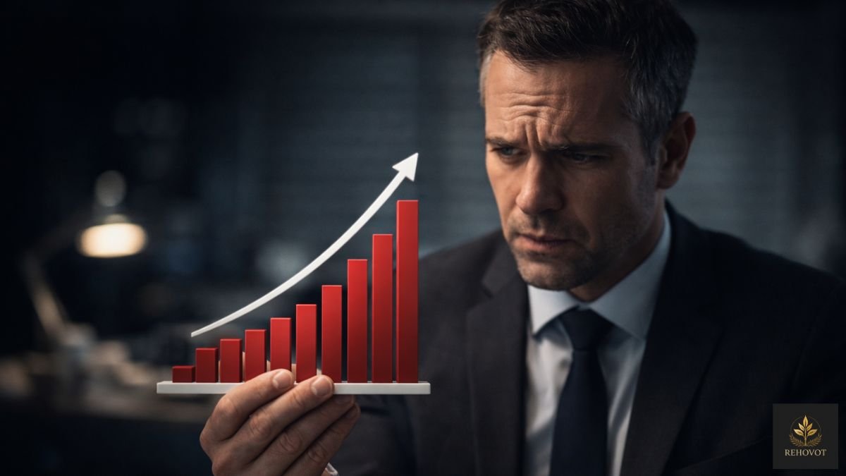 Executivo segurando gráfico ascendente com expressão de tensão em ambiente corporativo