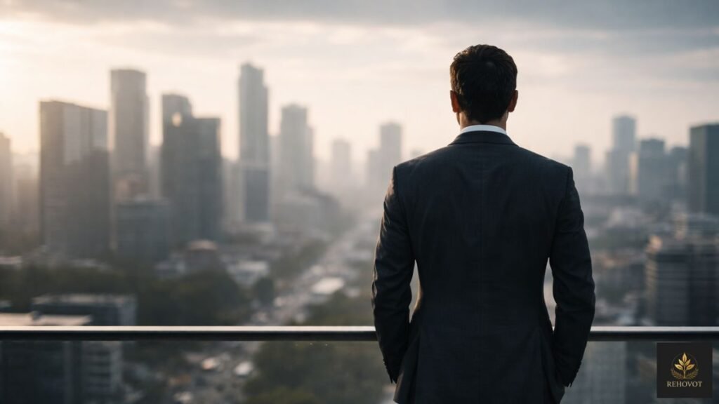 Pessoa observando horizonte urbano com postura reflexiva