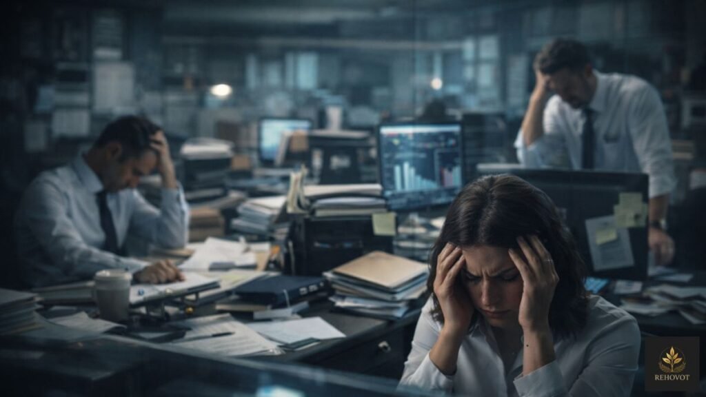 Equipe sob pressão em ambiente corporativo desorganizado