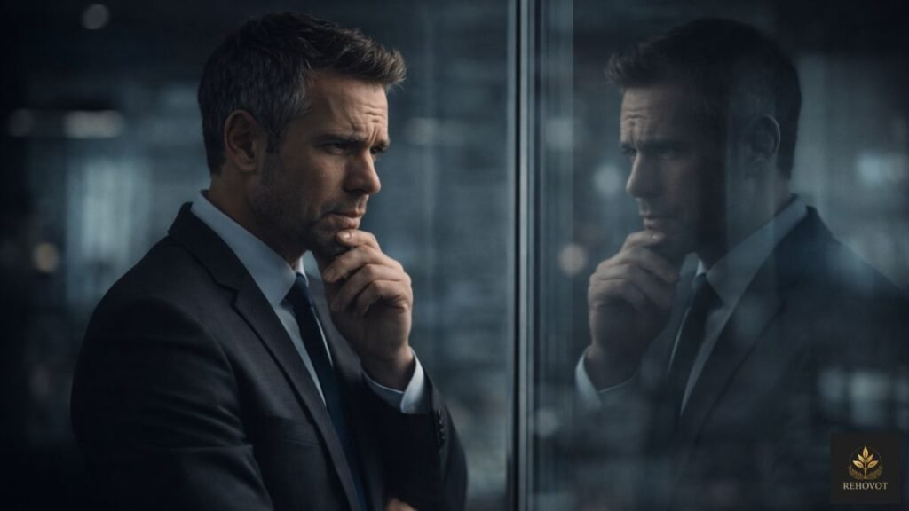 Executivo observando seu reflexo com expressão analítica em ambiente corporativo