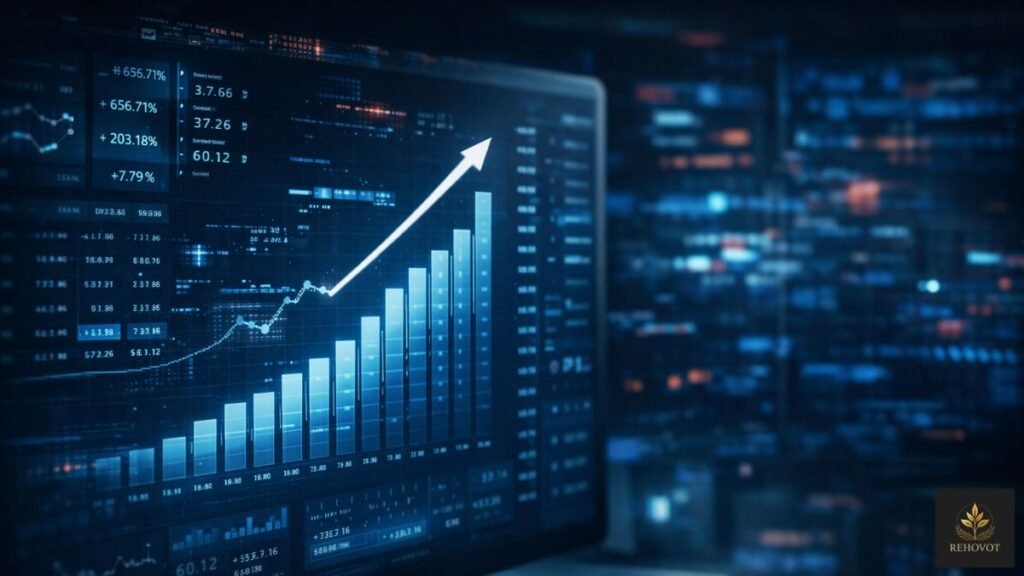 Interface digital com dados crescendo enquanto sistema ao fundo apresenta falhas