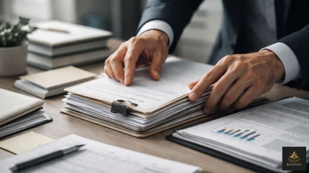 Mãos organizando processos e documentos sobre mesa minimalista