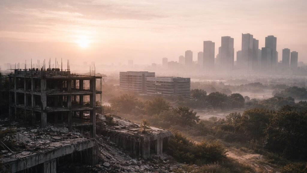 Decisão Estratégica Sob Incerteza É O Que Separa Quem Constrói De Quem Reage 6 Paisagem ampla com elementos em diferentes estágios de evolução sob luz de amanhecer