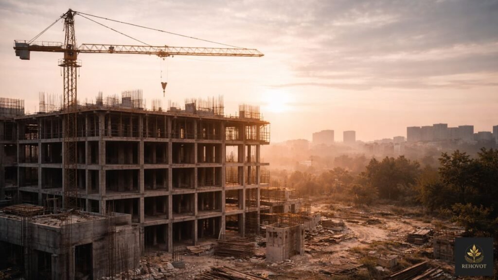 Estrutura sólida sendo construída gradualmente em ambiente aberto sob luz natural.