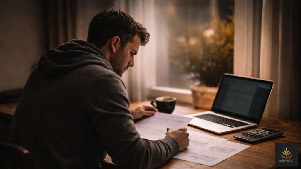 Pessoa sozinha analisando números em ambiente simples e silencioso.