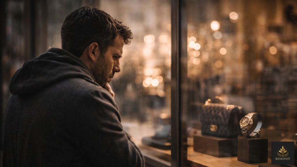 Pessoa olhando vitrine de luxo com expressão de dúvida e tensão.