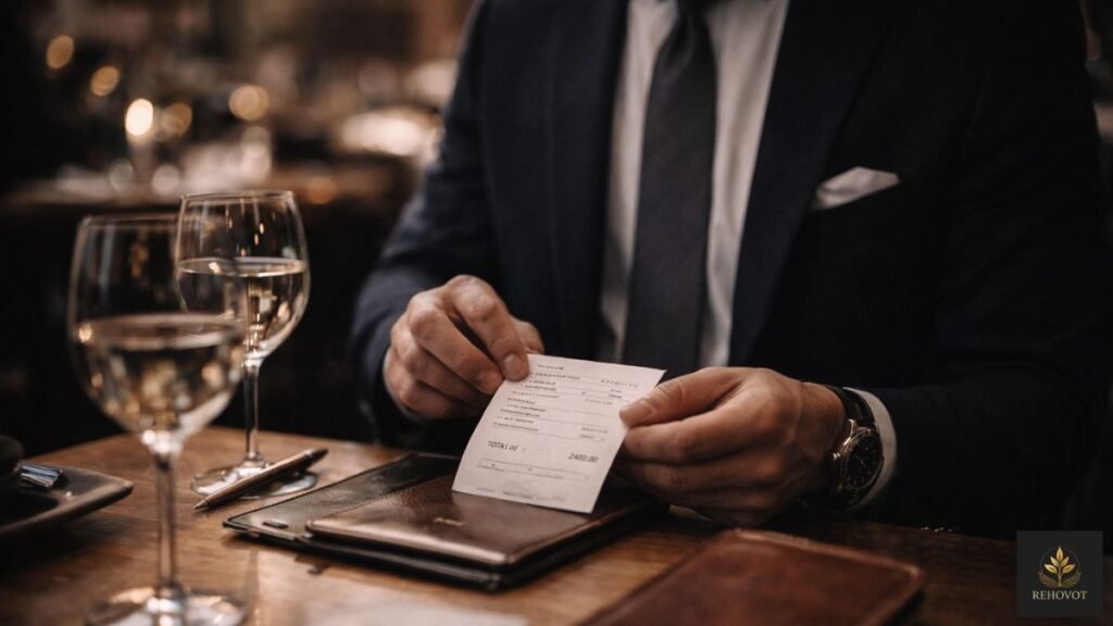 Pessoa bem vestida pagando conta elevada em ambiente sofisticado.