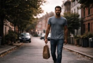 Homem comum caminhando em bairro simples com postura tranquila, sem sinais aparentes de riqueza.