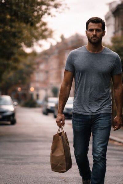 Homem comum caminhando em bairro simples com postura tranquila, sem sinais aparentes de riqueza.