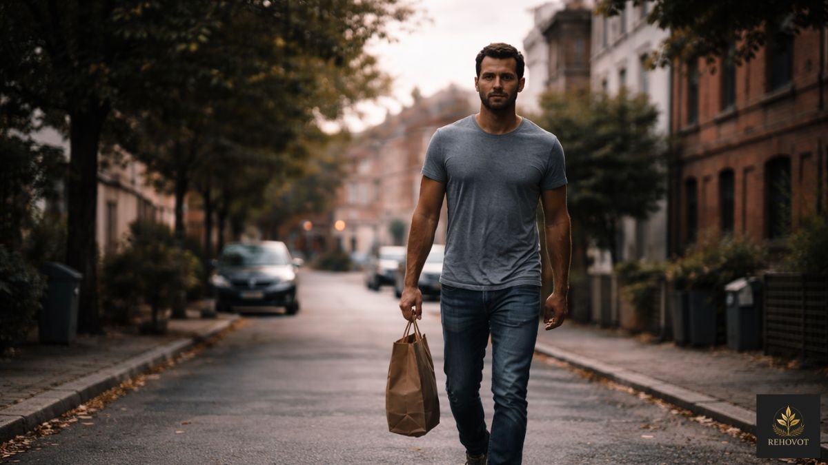 Homem comum caminhando em bairro simples com postura tranquila, sem sinais aparentes de riqueza.
