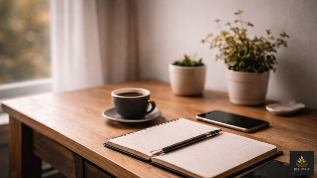 Mesa simples com caderno, café e ambiente organizado, sem sinais de luxo.