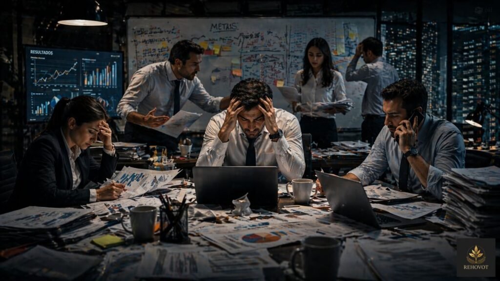 Equipe sob pressão em ambiente corporativo desorganizado