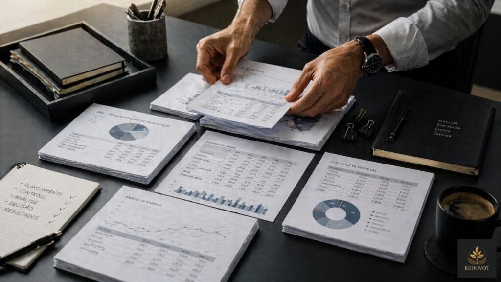 Executivo analisando relatórios financeiros 