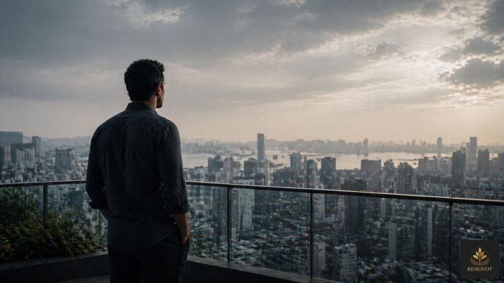 Pessoa observando horizonte urbano com postura reflexiva