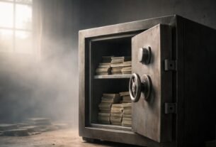 Estrutura sólida emergindo em ambiente com neblina, simbolizando base financeira invisível