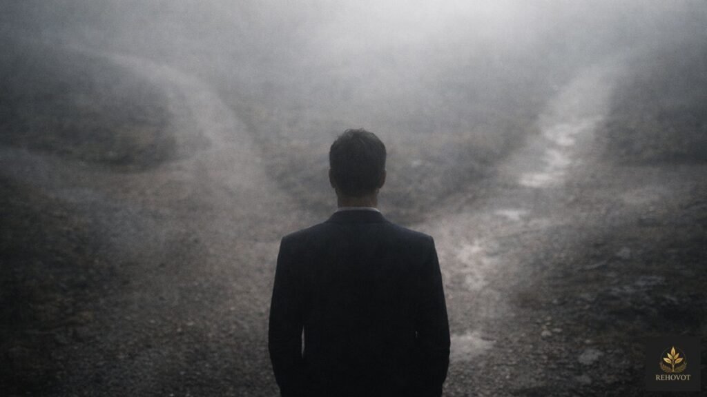 Pessoa diante de múltiplos caminhos em ambiente com neblina