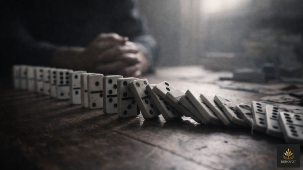 Sequência de dominós parcialmente caindo simbolizando efeito acumulado de decisões