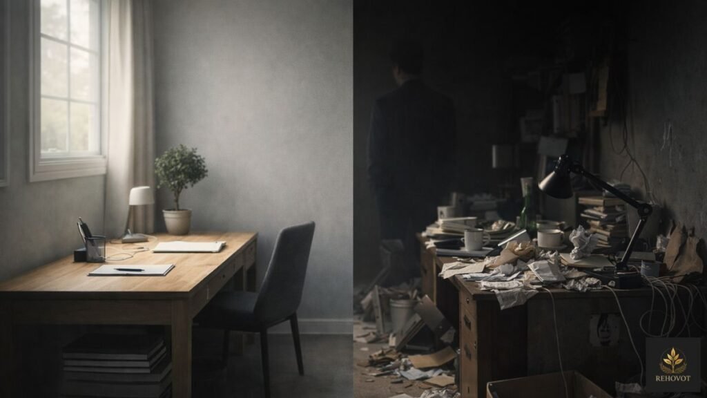 Ambiente dividido entre ordem e desordem representando diferentes níveis de controle