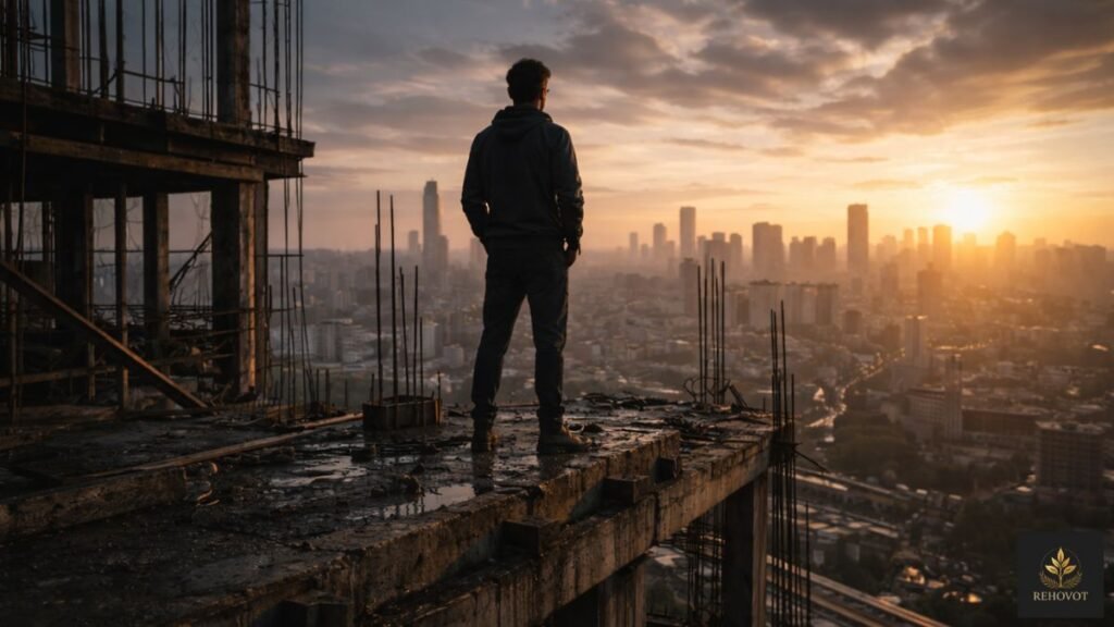 Homem em pé no topo de estrutura urbana inacabada ao amanhecer, observando a cidade após um processo de construção