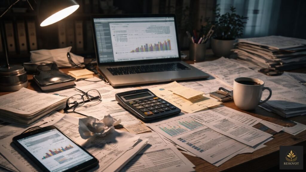 Mesa de trabalho com excesso de documentos financeiros, telas e anotações espalhadas, criando ambiente de confusão e sobrecarga 