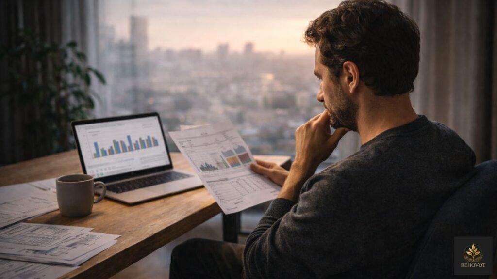 Pessoa analisando documentos financeiros e dados em laptop com cidade ao fundo em ambiente tranquilo 