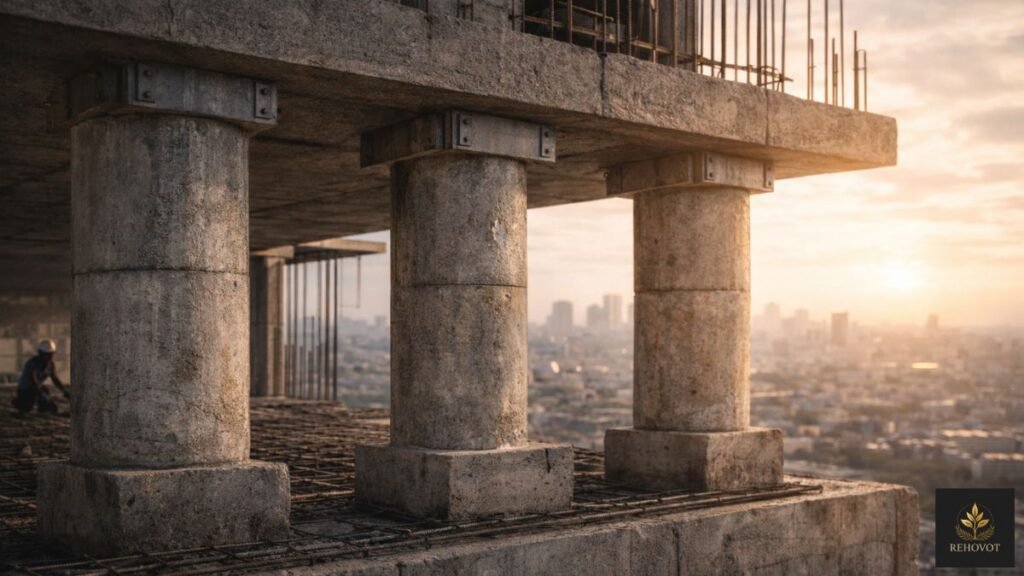 Estrutura de concreto em construção sendo sustentada por pilares robustos em ambiente urbano 