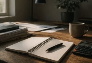 Mesa organizada com caderno e calculadora em ambiente minimalista