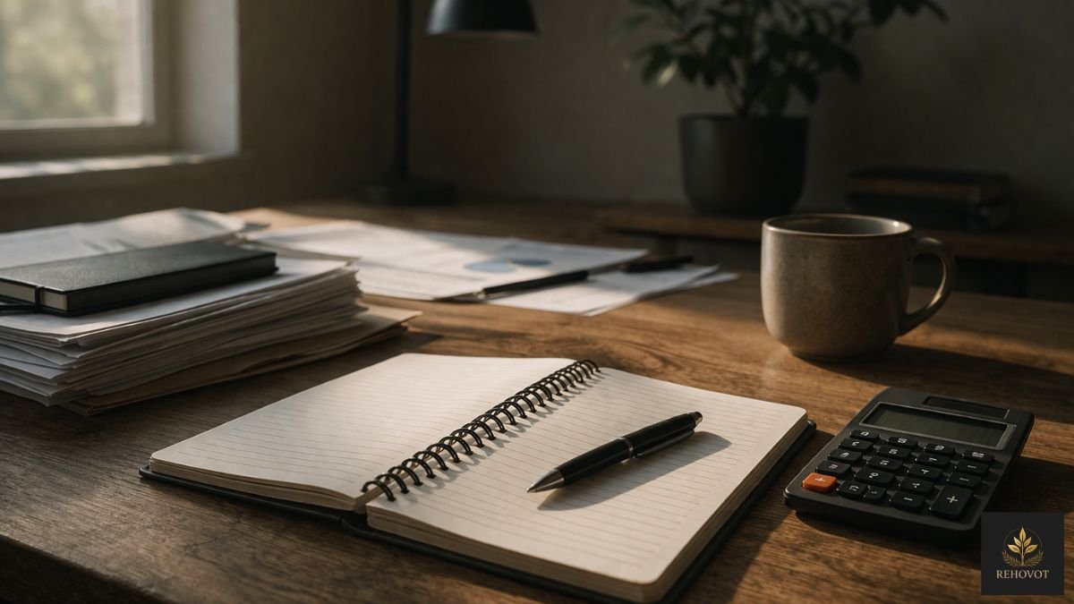 Mesa organizada com caderno e calculadora em ambiente minimalista