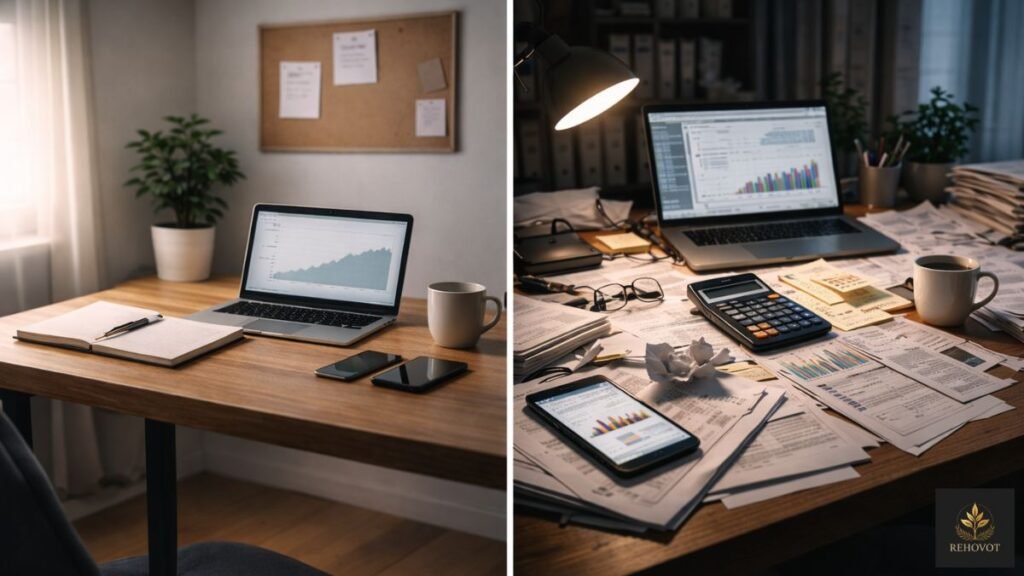 Comparação visual entre ambiente financeiro simples e organizado e ambiente sobrecarregado com excesso de informações 