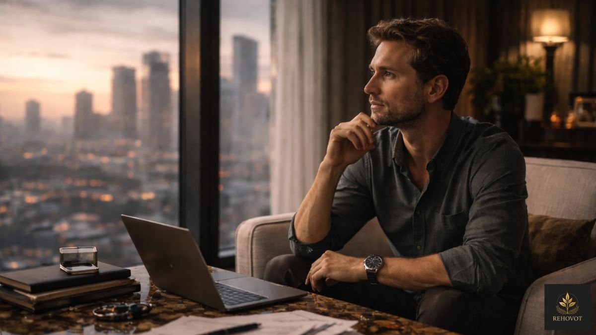 Pessoa em ambiente sofisticado com expressão neutra