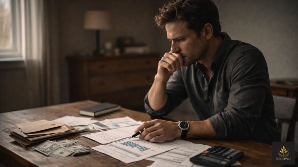 Pessoa analisando decisões financeiras em ambiente simples 